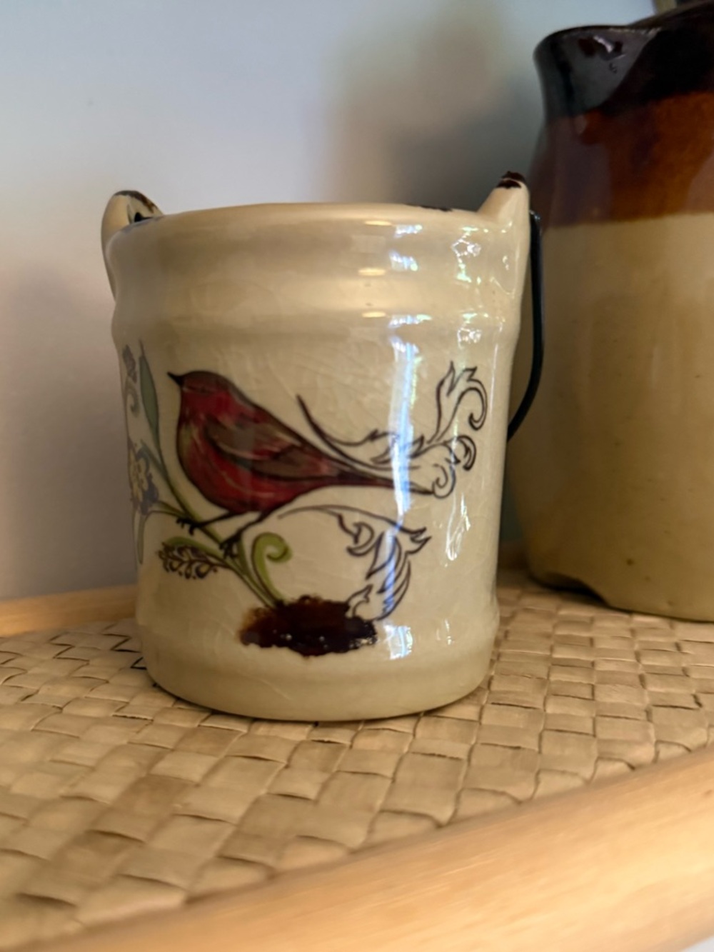 Little bird porcelain match or toothpick holder With handle.